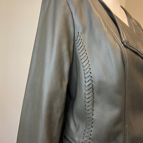Alfani Olive Whipstitched Faux Leather Zip Up Jacket, Size Medium - Picture 8 of 16